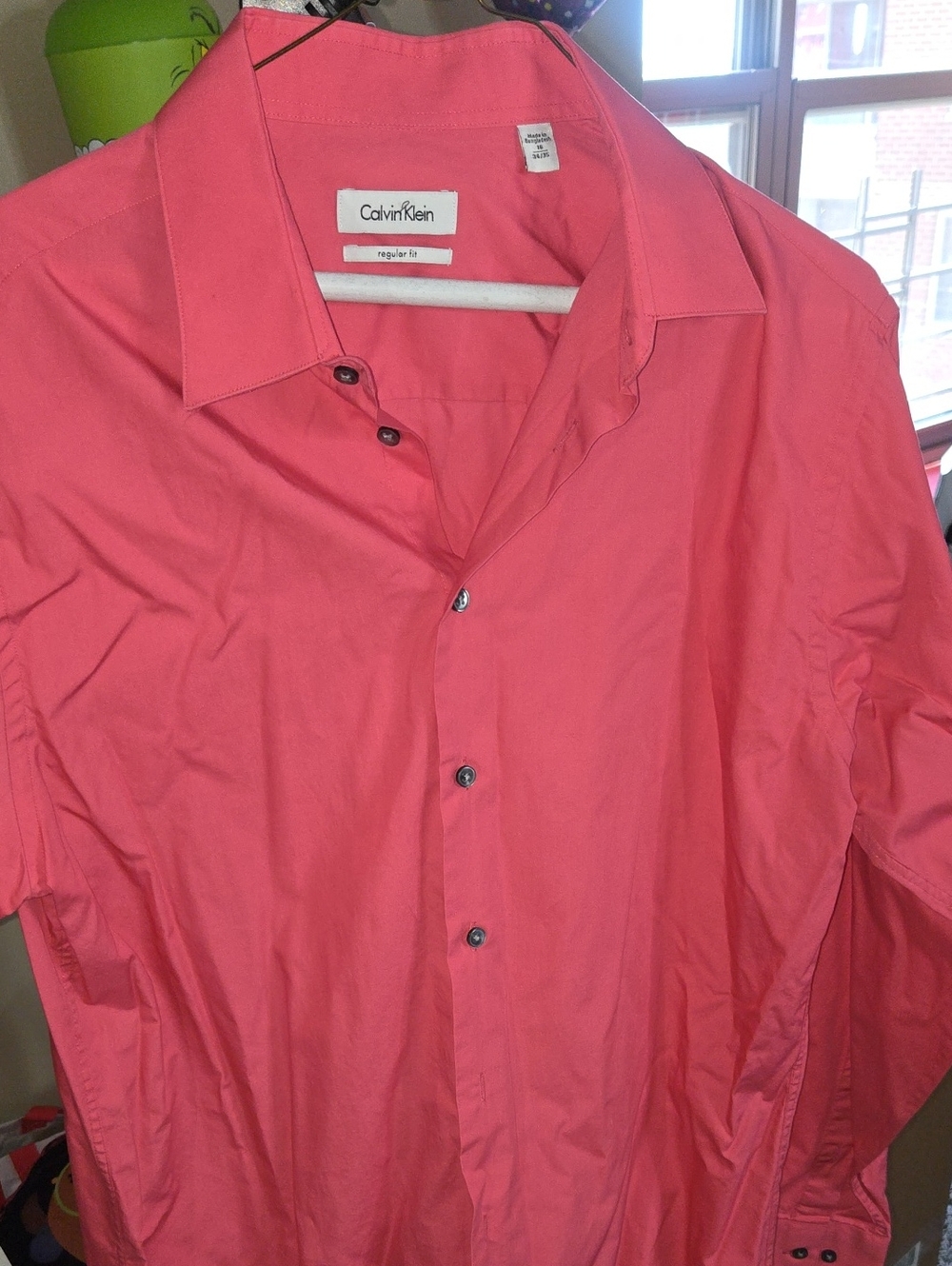 Regular Fit Calvin Klein Men's Coral-Red Long Sleeve Button-Up Shirt